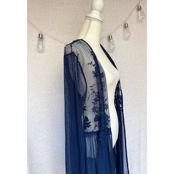 Forgotten Grace Navy Blue Long Sleeve Sheer Lace Topper Cardigan Large - Picture 6 of 10